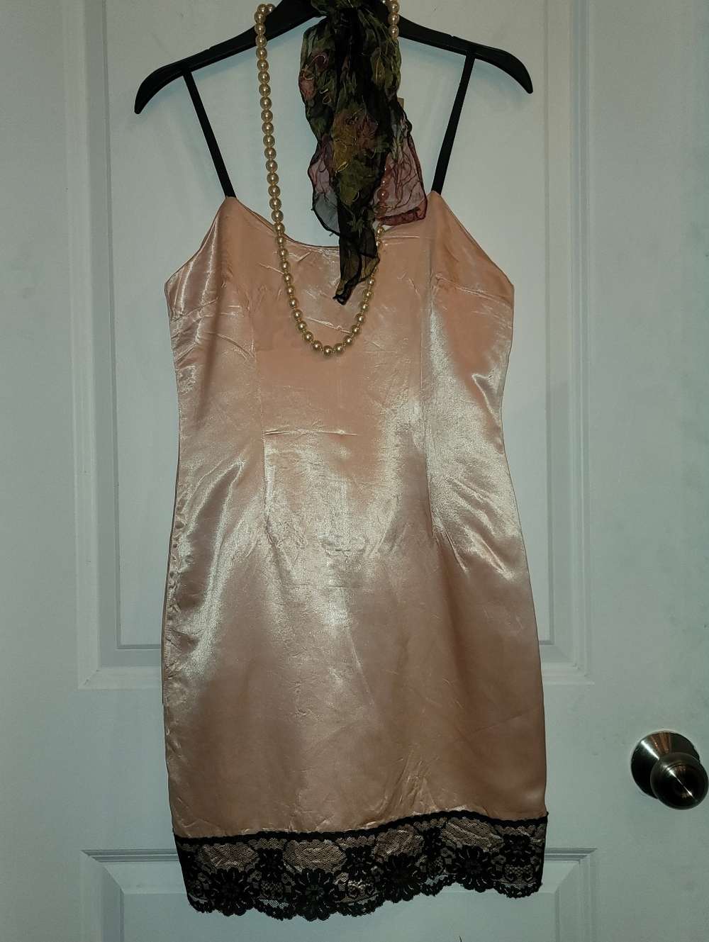 Satin Slip Dress with Black Lace Trim